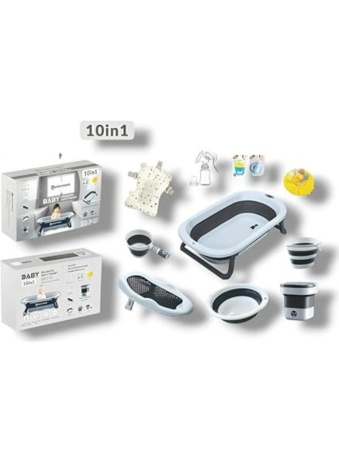 POPYPAPA 10-in-1 Foldable Baby Bath Tub Set with Temperature Display, Mini Washing Machine and Accessories, Safe and Comfortable Infant Bathing Solution, Space-Saving and Adjustable Design, Multicolour (Grey) - Image 2